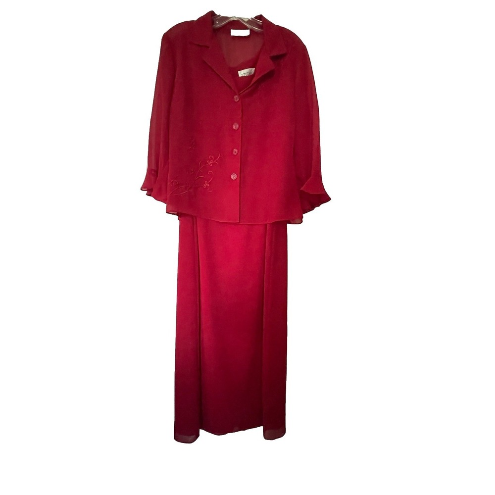 Studio 1 Maxi Dress Semi Sheer Eyelet Jacket And Lined Maxi Dress Red Women's 10